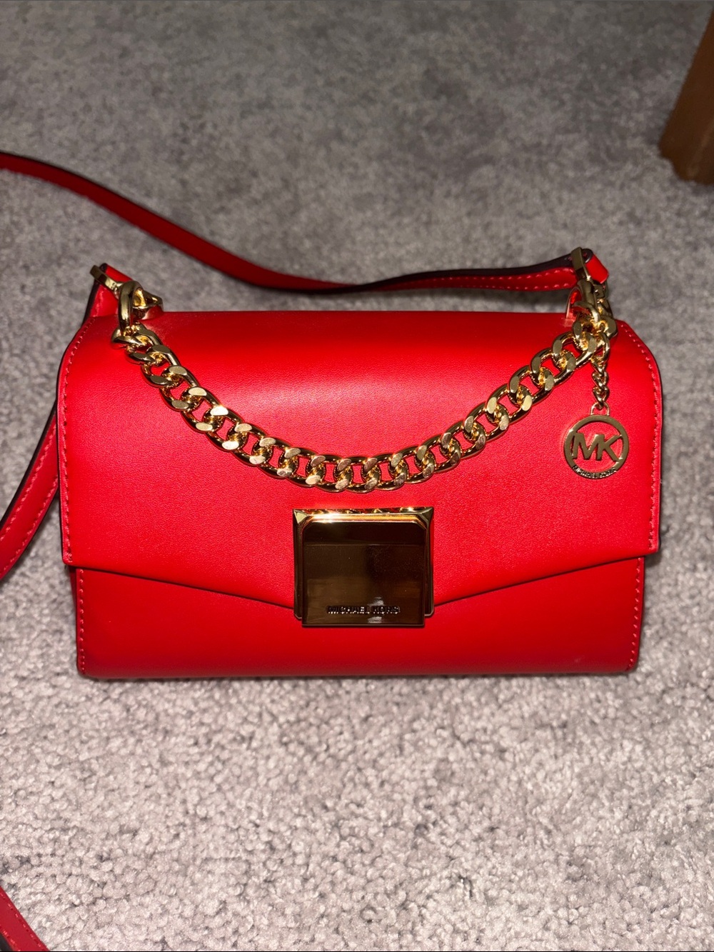 Michael Kors Red Leather Crossbody with Gold Chain & Clasp